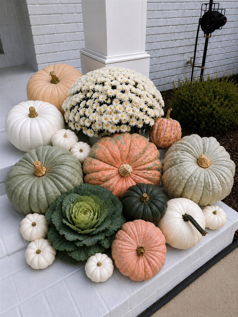 Blush Harvest fall porch style with blush and sage pumpkins, ornamental cabbage and white mums
