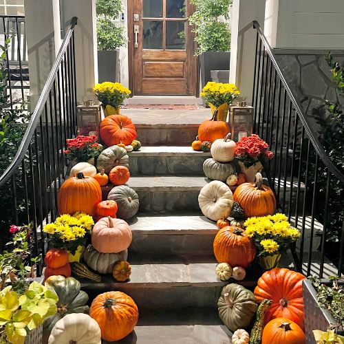 Gourd-geous Porch Charm package with layered pumpkins and gourds on porch stairs